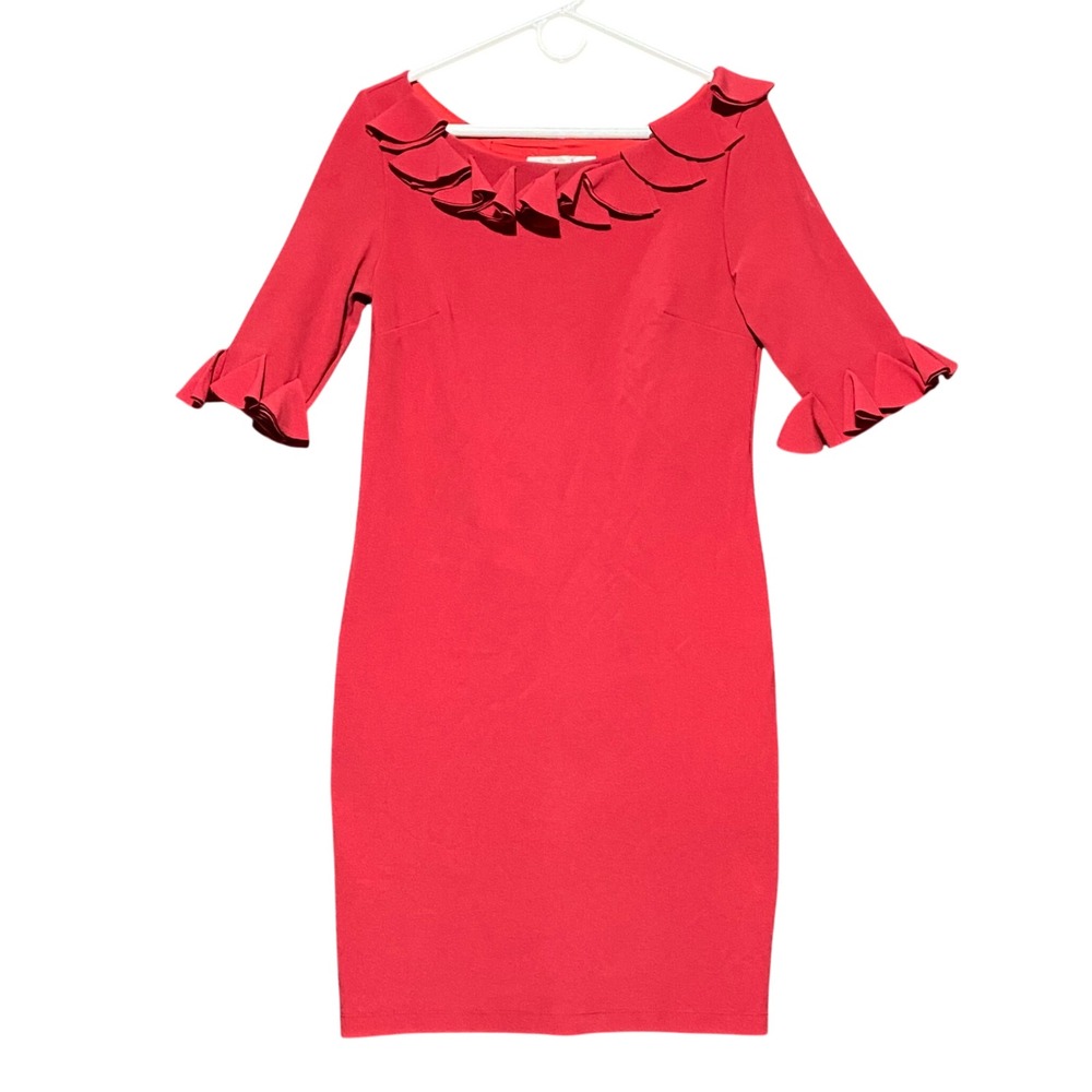 Boston Proper Red Ruffle Neck 3/4 Sleeve Sheath Dress Size S Stretch Cocktail